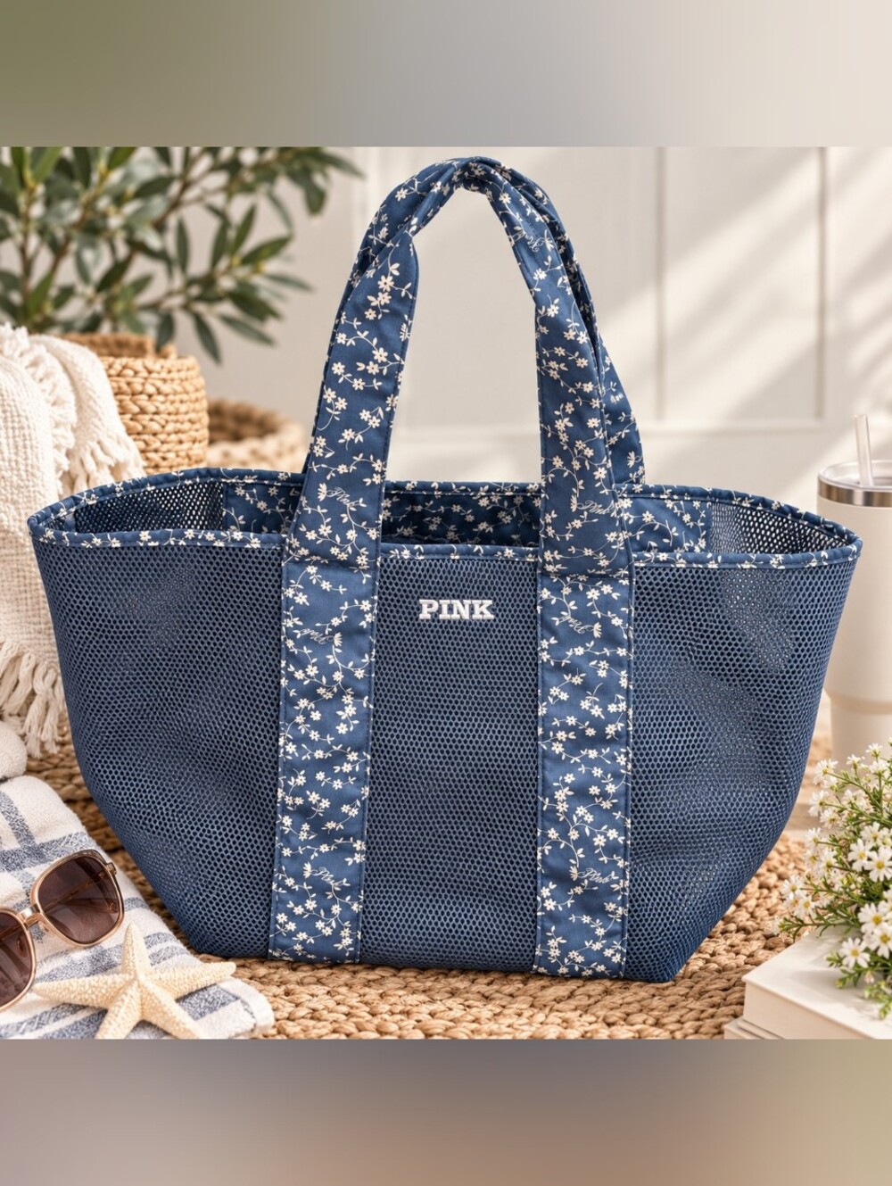 Victoria’s Secret PINK Blue Floral Mesh Large Tote Bag NWT $49.95 MSRP